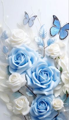 blue and white roses are arranged in a bouquet with butterflies on the wall behind them