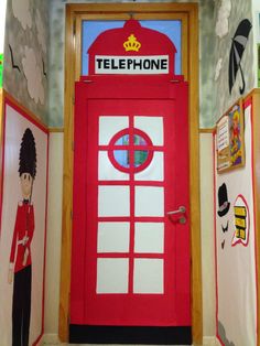 there is a red door with the name telephone on it and decorations all around it