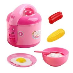 a pink toy food set with eggs, corn and an egg shell in the bowl