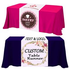 a table with a sign that says custom table runner on the front and back side