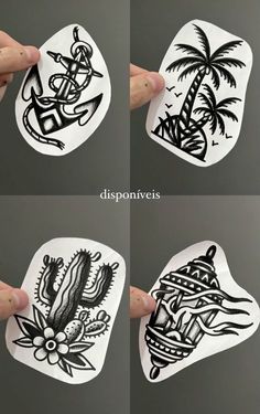 four stickers with different designs on them, each showing an image of a boat and cactus