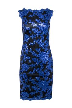 Feel dazzling in this Tadashi Shoji dress! The blue sequin sleeveless sheath design pairs perfectly with the elegant black lace base. Complete your look with strappy black heels for a stylish and sophisticated ensemble perfect for any dressy event. Size 4 Shell 60% Cotton, 40% Nylon Lining 100% Polyester Invisible back zipper Sleeveless Bust 34" Waist 32" Shoulder to hem 39" Tadashi Shoji Dresses, Black Strappy Heels, Tadashi Shoji, Black Lace Dress, Black Heels, Black Lace, Lace Dress, Sequin, Cocktail Dress