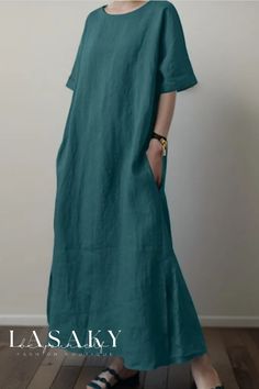 Lasaky - Effortless Elegance: Classic Cotton and Linen Short Sleeve Maxi Dress with Open Back and Waist Belt Linen Loose Dress, Double Layer Dress, Woolen Dresses, Open Back Maxi Dress, Short Sleeve Maxi Dresses, Mini Robes, Solid Color Dress, Linen Tunic, Linen Maxi Dress