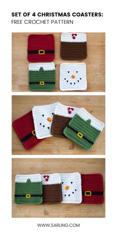 four crocheted christmas coasters with santa's hat and snowman on them