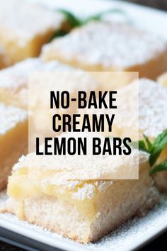 no - bake creamy lemon bars on a white plate with powdered sugar