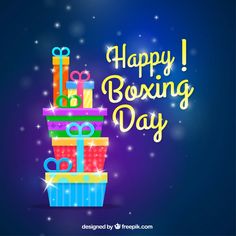 happy boxing day greeting card with gift boxes and sparkles on blue background, 3d illustration