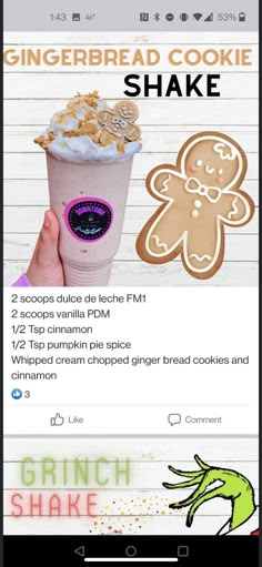 the gingerbread cookie shake recipe is displayed on an iphone screen, with text below it