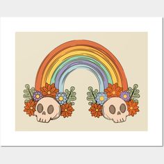 two skulls with flowers and rainbow in the background