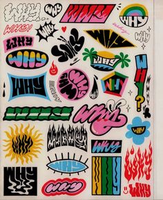 an assortment of stickers on a sheet of paper with the words and symbols in different colors