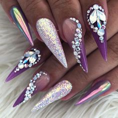 Diy Rhinestone Nails, Nail Design Glitter, Designer Nails, Purple Acrylic Nails, Nails Design With Rhinestones, Vibrant Nails, Pretty Nail Art Designs