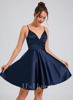 JJ's House Homecoming Dresses (291597) | JJ's House Blue Velvet Homecoming Dress, Blue Hoco Dress Short Flowy, Dresses For School Formal, Junior Prom Dresses Short Simple, Simple Navy Dress, Dark Blue Satin Dress Short, Mid Length Homecoming Dresses, Winter Dance Dresses Formal, Short Semi Formal Dress