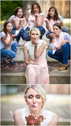 two photos of women blowing bubbles in the air and sitting on steps with their hands together