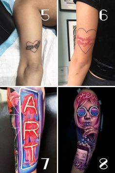 four different tattoos on the arms and arm