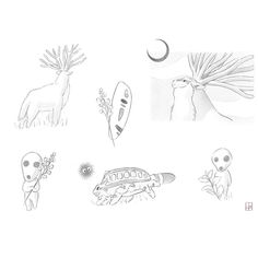 several drawings of animals and plants on a white background