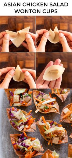 Asian Food For Party, Salad Wonton Cups, Chinese Appetizers For Party, Asian Finger Food, Asian Wonton Cups Appetizers, Asian Appetizers For Party, Chicken Amuse Bouche, Won Ton Wrapper Recipes, Thai Chicken Salad Wonton Cups