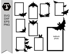 a set of black and white photo frames with bats