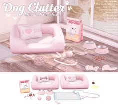 the dog bed is pink and has various items for it to put in front of