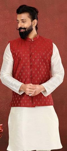 Red and Maroon color Nehru Jacket in Silk cotton fabric with Weaving work Luxury Red Traditional Nehru Jacket, Luxury Red Nehru Jacket For Formal Occasions, Luxury Red Nehru Jacket For Ceremonial Occasions, Luxury Red Nehru Jacket For Transitional Season, Nehru Jacket, Nehru Jackets, Maroon Color, Cotton Fabric, Weaving