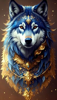 a wolf with blue eyes and gold details on its chest, in front of a dark background