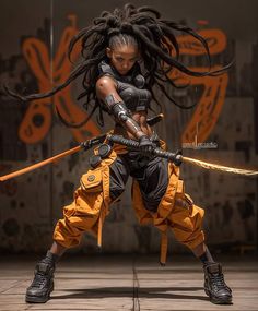 a woman with dreadlocks holding two swords in one hand and an orange outfit on the other