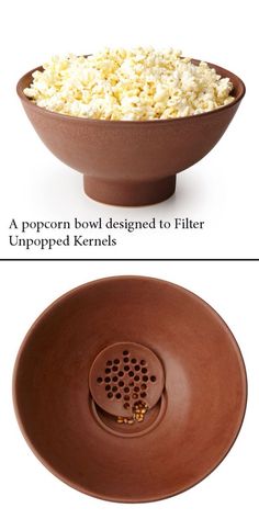 there is a brown bowl with rice in it and the words, popcorn bowl designed to fill up dropped kernels