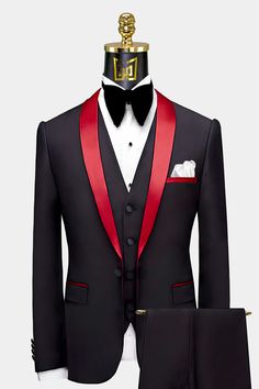 Black Tuxedo with Red Trim | Gentleman's Guru Red Tux, Latest Suit Styles, All Black Tuxedo, Purple Tuxedo, Black And Red Suit, Black Tuxedo Jacket, Grey Tuxedo