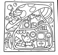 a coloring page with an image of a child's play house in the background