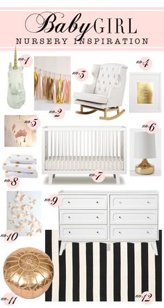 a baby girl nursery design board with pink and gold accents