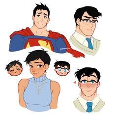 some cartoon characters with different expressions on their face and neck, one is wearing a superman suit