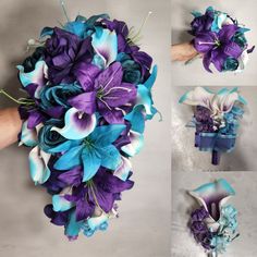 the bridal bouquet is purple and blue