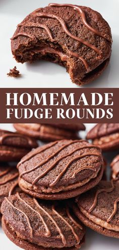 homemade fudge cookies with chocolate drizzled on top and the words, homemade fudge rounds