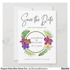 save the date card with tropical flowers and leaves