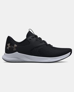 the under armour black and white running shoe is on sale for $ 59, but it doesn't have any laces