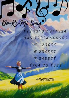 a poster with musical notes and a woman in a blue dress standing on a hill