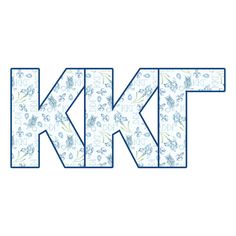 the letter k is made up of blue and white floral fabric with flowers on it