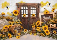 Sunflower Wooden Door Backdrop - Gatsby Backdrop Sunflower Backdrop, Door Backdrop, Cake Smash Photoshoot, Smash Photoshoot, Photoshoot Background, Honeycomb Cake, Door Backdrops, Background Studio, Bee Honeycomb