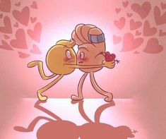 a cartoon character kissing another character in front of hearts