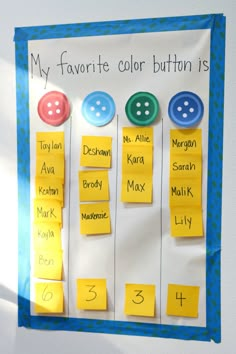 a bulletin board with several different types of buttons on it, and the words my favorite color button is