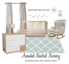 a baby's nursery room with neutral colors and accessories