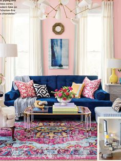 a living room filled with lots of furniture and decor on top of a magazine page