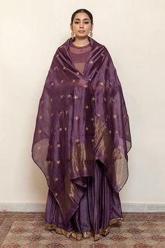 Purple embroidered kurta featuring round neckline and three-quarter sleeves. Paired with a matching gharara and chanderi silk dupatta., Fit: Relaxed Silk Dupatta, Kurta Set, Half Moon, Three Quarter Sleeves, Aza Fashion, Cotton Silk, Sleeve Type, Color Purple, Round Neckline