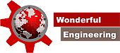 the words wonderful engineering are in front of a red and white background with an image of a globe