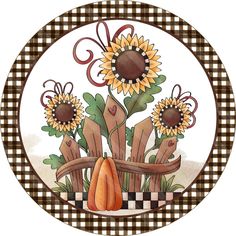 a plate with sunflowers on it and a checkered tablecloth pattern in the center