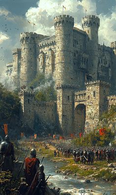 a painting of a castle with people on it