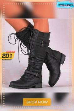 Autumn Winter Vintage Flat Lace Up Mid Calf Boots Casual Combat Boots With Buckle Closure For Winter, Casual Winter Lace-up Boots With Buckle Closure, Casual Pointed Toe Combat Boots For Fall, Casual Lace-up Moto Boots For Spring, Casual Lace-up Mid-calf Boots For Spring, Winter Wide Calf Lace-up Combat Boots, Outdoor Lace-up Boots With Buckle Closure, Casual Lace-up Boots With Buckle Closure For Fall, Winter Combat Boots With Buckle Closure And Lace-up