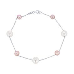 Beautifully delicate, this tin cup bracelet features pink and white freshwater pearls in alternating sizes measuring 5.5-7.5 millimeters. Classic Pink Bracelets, Pink Pearl Bracelet With Round Beads For Formal Occasions, Elegant Pink Bracelets With Pearl Chain, Formal Pink Pearl Bracelet, Pink Pearl Bracelet With Pearl Drop, Elegant Pink Bracelet With Pearl Charm, Elegant Pink Sterling Silver Round Bracelet, Pink Elegant Single Strand Beaded Bracelets, Elegant Pink Single Strand Beaded Bracelets