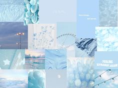 a collage of blue and white images with clouds, stars, lights, water