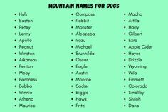 the mountain names for dogs are shown in green