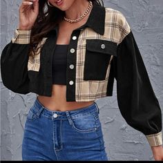 Black Plaid Cropped Lightweight Shirt Ships In 5-6 Business Days Letter Jacket, Ruffle Tube Top, Shein Jackets, Black Crop Tee, Stretchy Crop Tops, Navy Blue Tank Top, Embroidered Crop Tops, Velvet Crop Top, Corset Crop Top