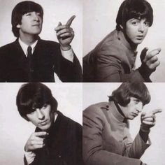 four pictures of the beatles in black and white, with one man pointing at something